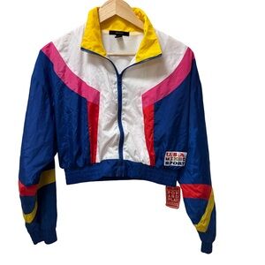 NWT Forever 21 USA Sport Retro Cropped Windbreaker Jacket SZ S Color Block
